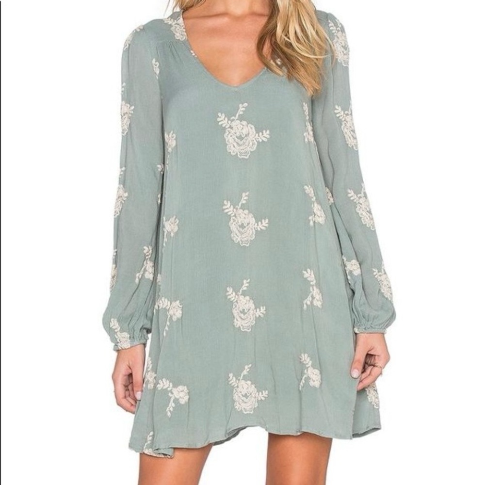 Free People Emma Embroidered Mini Dress Misty Green Boho Cutout Back Tunic Small